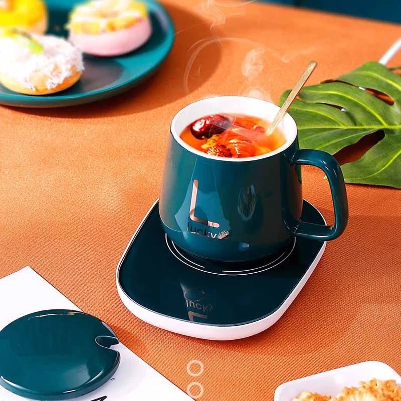 Coffee mug warmer set with USB desktop cup heater and matching ceramic mug