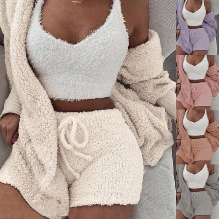 3-piece women's pajama short set with long-sleeve crop top