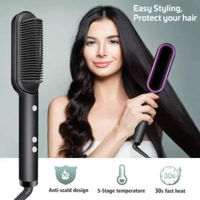 Hair straightener brush with 5 temperature stages and anti-scald bristle design