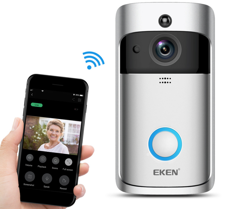 Smart WiFi video doorbell camera mounted beside a front door