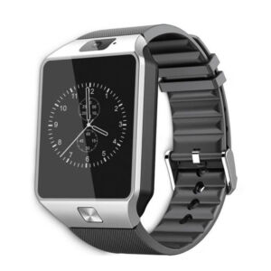 DZ09 sports smart watch, black and silver, showing the analogue clock face