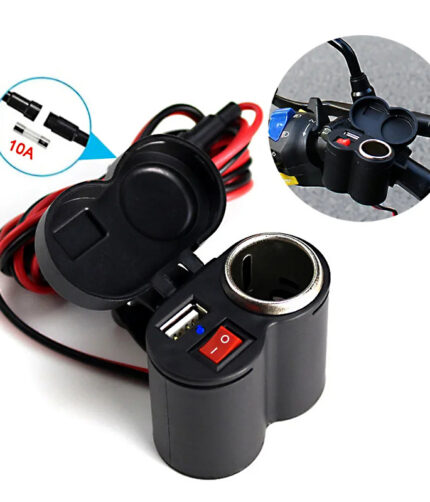 Motorcycle USB charger with lighter socket mounted on a handlebar