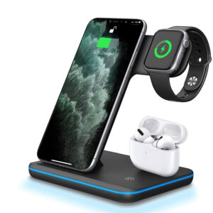 3-in-1 wireless charging stand holding a phone, smartwatch and earbuds case