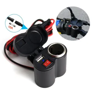 2-in-1 motorcycle handlebar USB charger with cigarette lighter socket