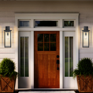 Black outdoor wall lanterns either side of a front door