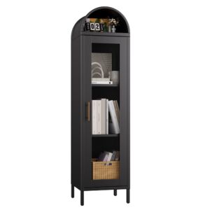 Black metal arched bookcase cabinet with glass door