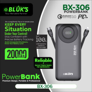 BLUK'S BX-306 20000mAh Power Bank, 22.5W Fast Charge, Dual Cables