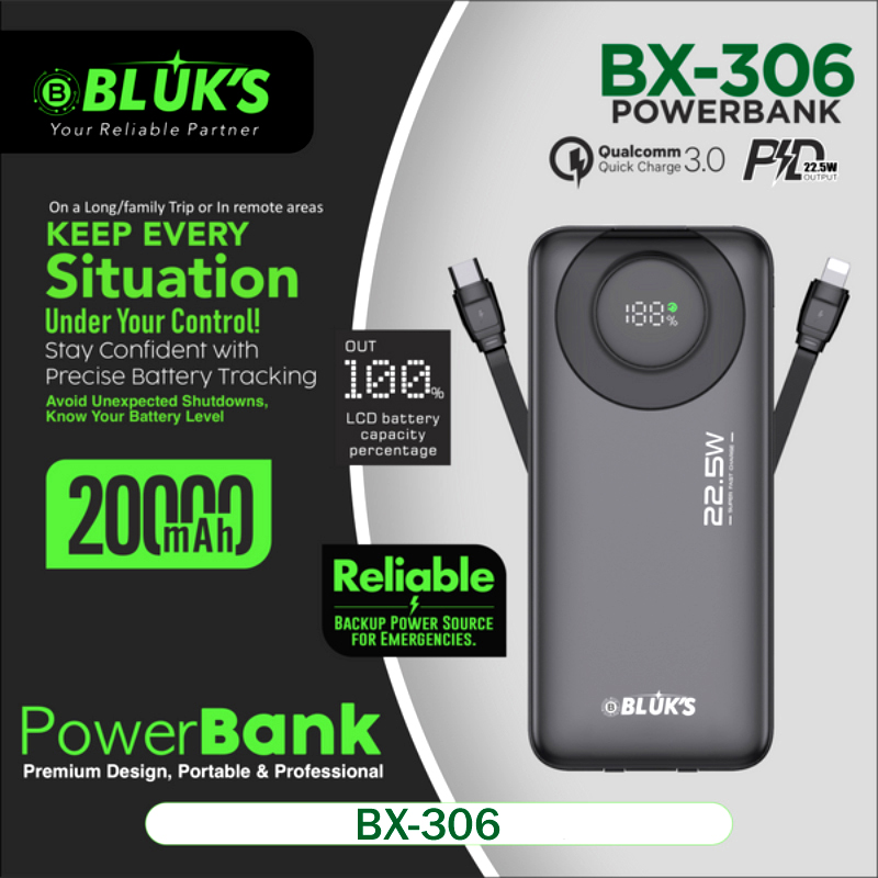 306.jpg BLUK'S BX-306 20000mAh Power Bank, 22.5W Fast Charge, Dual Cables