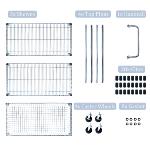 Cart parts in the box: shelves, posts, handle, clips, casters