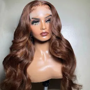 Chocolate brown body wave lace closure wig on a mannequin