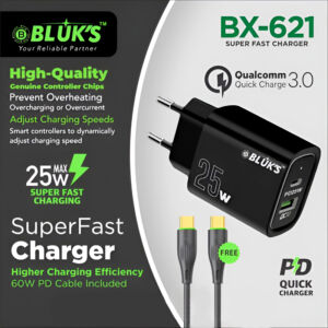BLUKS BX-621 25W Fast Charger with 60W PD Type-C Cable