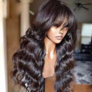 Body wave wig with bangs on a mannequin