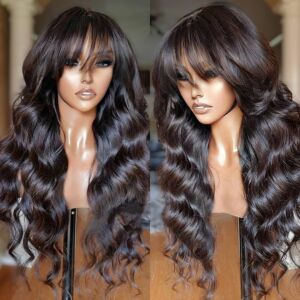 Machine-made body wave wig with bangs, front and side views
