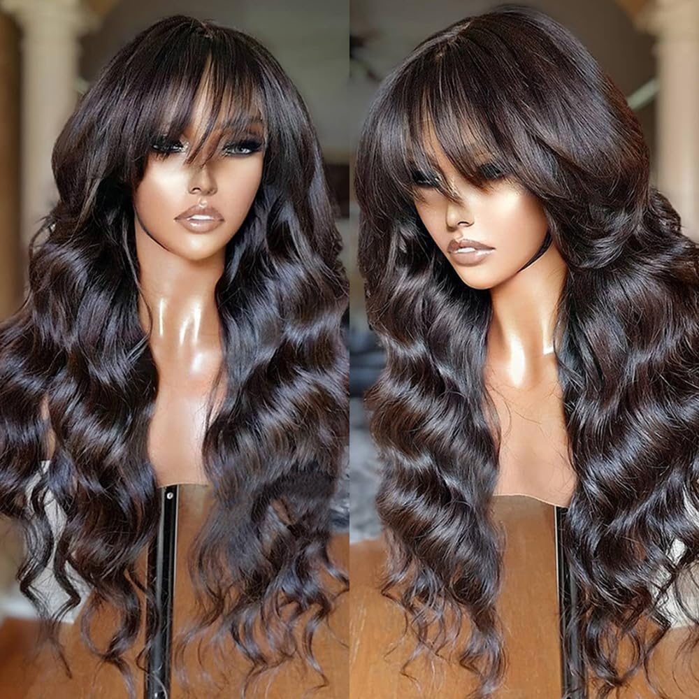 Machine-made body wave wig with bangs, front and side views Machine-made body wave wig with bangs, front and side views