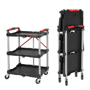Foldable 3-shelf utility cart, open and folded