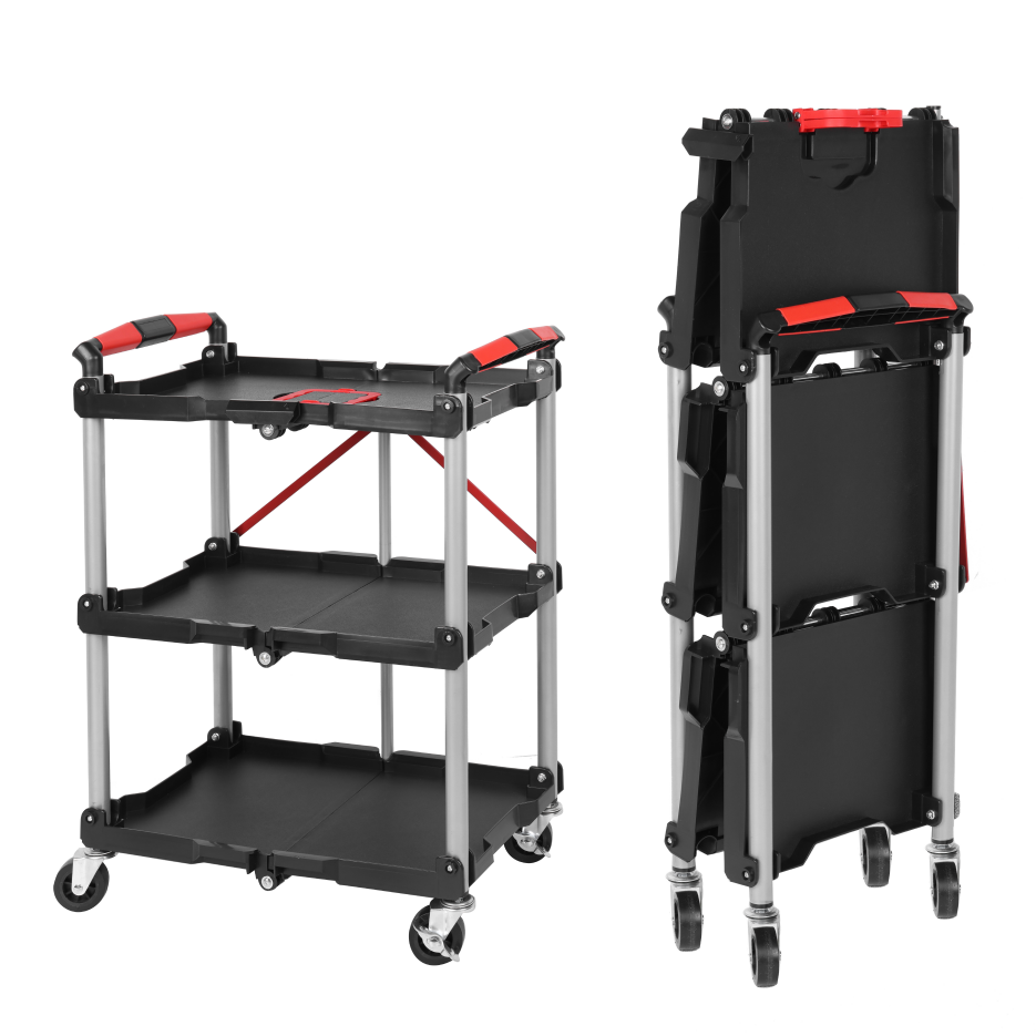 Foldable 3-shelf utility cart, open and folded Foldable 3-shelf utility cart, open and folded