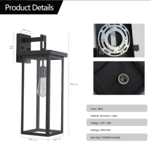 Wall lantern dimensions and E26 socket details