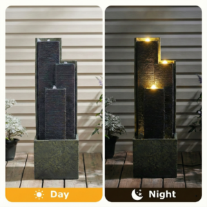 Fountain by day and lit at night