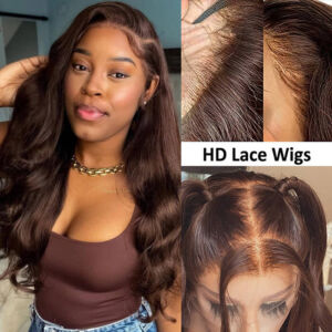 Chocolate brown body wave wig, worn, with lace closure detail