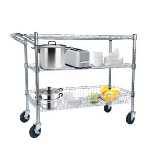 Wire utility cart loaded with cookware