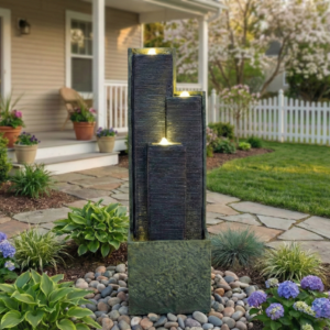 Three-tier column fountain by a porch