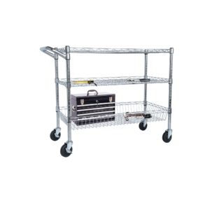 Wire cart with a toolbox on the shelf