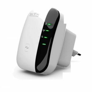 White WiFi range extender wall plug with signal LEDs